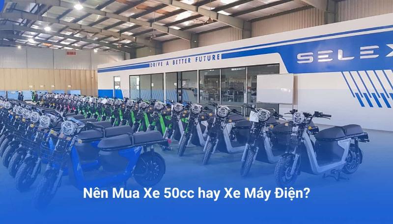 Minh họa so sánh giá trị và tình trạng giữa xe 50cc cũ và các lựa chọn xe mới như xe máy điện